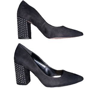Jessica Simpson Black Studded Laydee Pumps Block Heel Faux Suede Pointed Toe 8